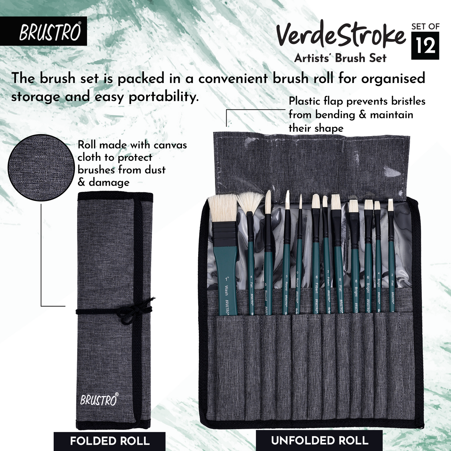 BRUSTRO Artists’ VerdeStroke Brush Set of 12 with free Brush Roll | Natural Hog Bristles, Birchwood Handles| Ideal for Acrylic, Oil Painting & Charcoal Blending on Paper, Canvas, Boards