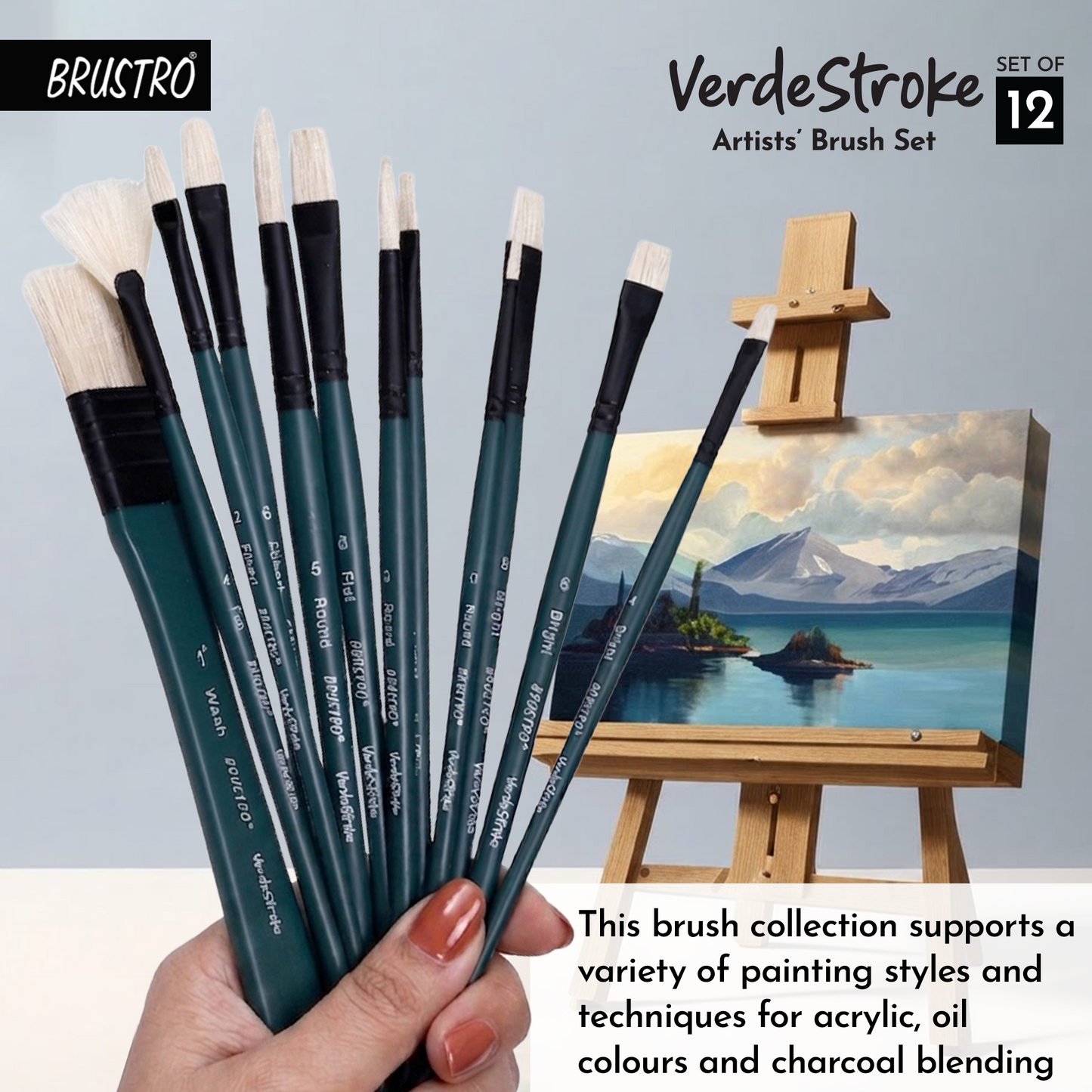 BRUSTRO Artists’ VerdeStroke Brush Set of 12 with free Brush Roll | Natural Hog Bristles, Birchwood Handles| Ideal for Acrylic, Oil Painting & Charcoal Blending on Paper, Canvas, Boards