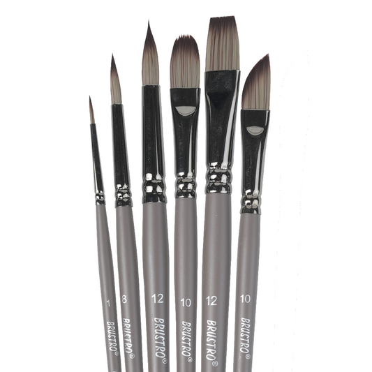 BRUSTRO VelveTouch Artist Brushes  | Set of 6 | Gouache, Acrylics, Watercolor, and Oil Painting | Short Handle, Synthetic Bristles, Round, Filbert, Dagger, Flat Shape