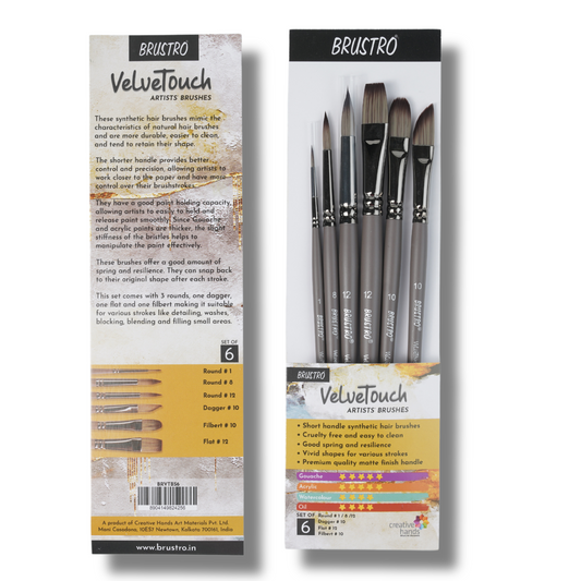 BRUSTRO VelveTouch Artist Brushes  | Set of 6 | Gouache, Acrylics, Watercolor, and Oil Painting | Short Handle, Synthetic Bristles, Round, Filbert, Dagger, Flat Shape