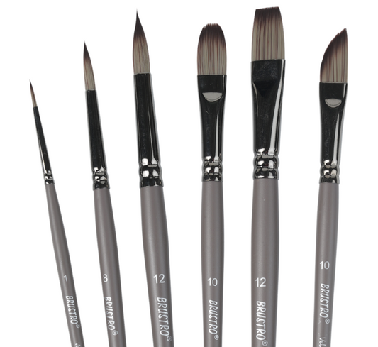 BRUSTRO VelveTouch Artist Brushes  | Set of 6 | Gouache, Acrylics, Watercolor, and Oil Painting | Short Handle, Synthetic Bristles, Round, Filbert, Dagger, Flat Shape