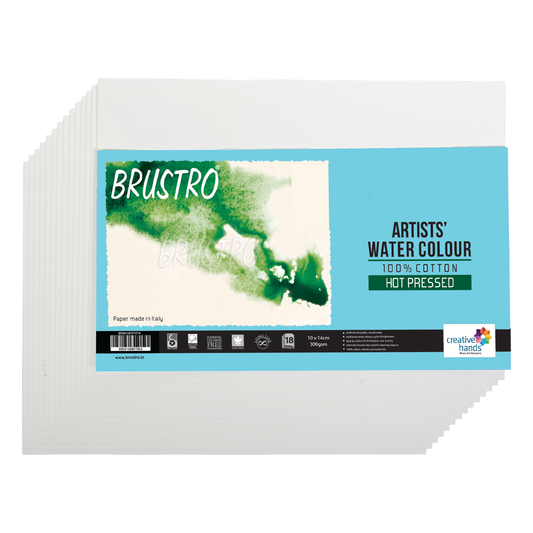 BRUSTRO Artists 100% Cotton Watercolour Paper, Hot Pressed, 300 GSM, Size 10x14 cm, 18 Sheets (Small) | Ideal for Watercolor,Acrylic,Gouache,Charcoal,Graphite,Ink & Other Mixed Media