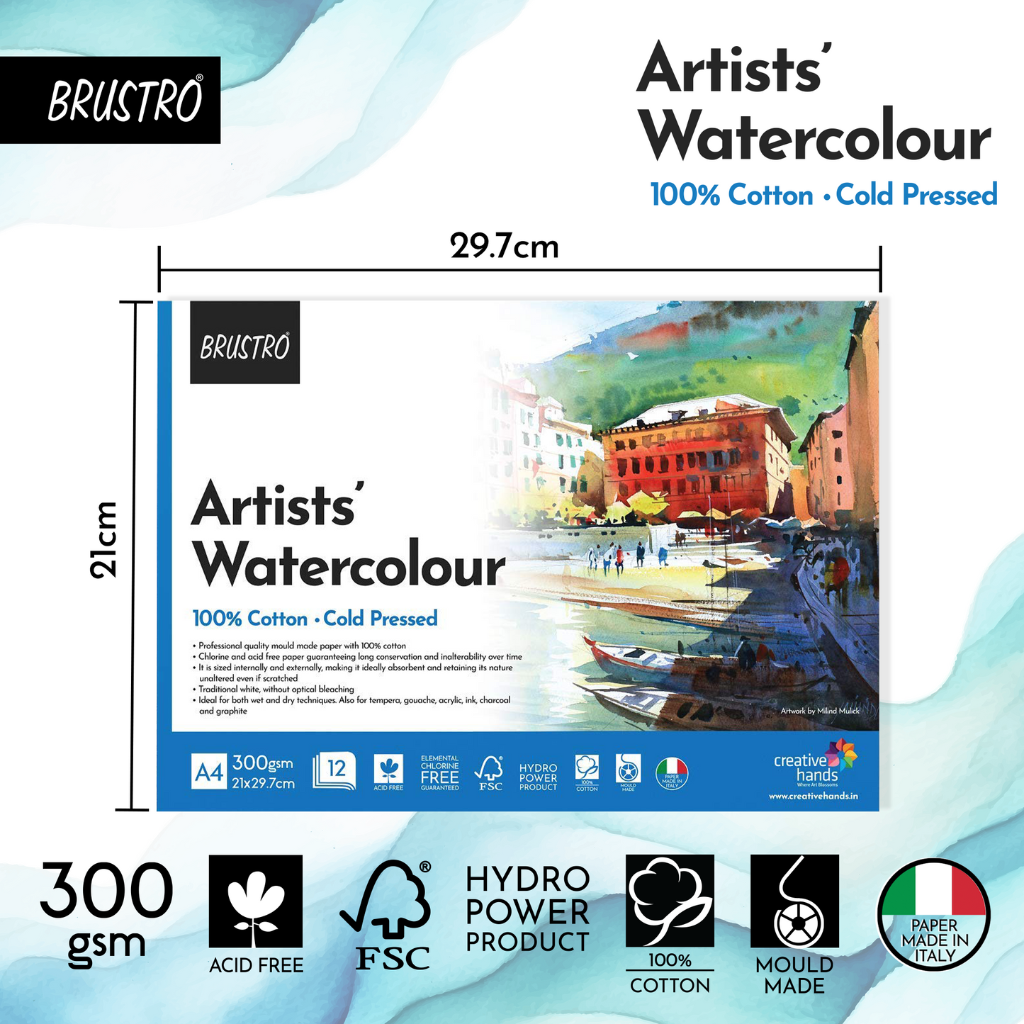 BRUSTRO Professional Artists Watercolor 48 Half Pan Set With 100% Cotton Watercolour Paper Pad, Cold Pressed, 300 GSM 12 Sheets, A4 (8.3x11.7 inches)