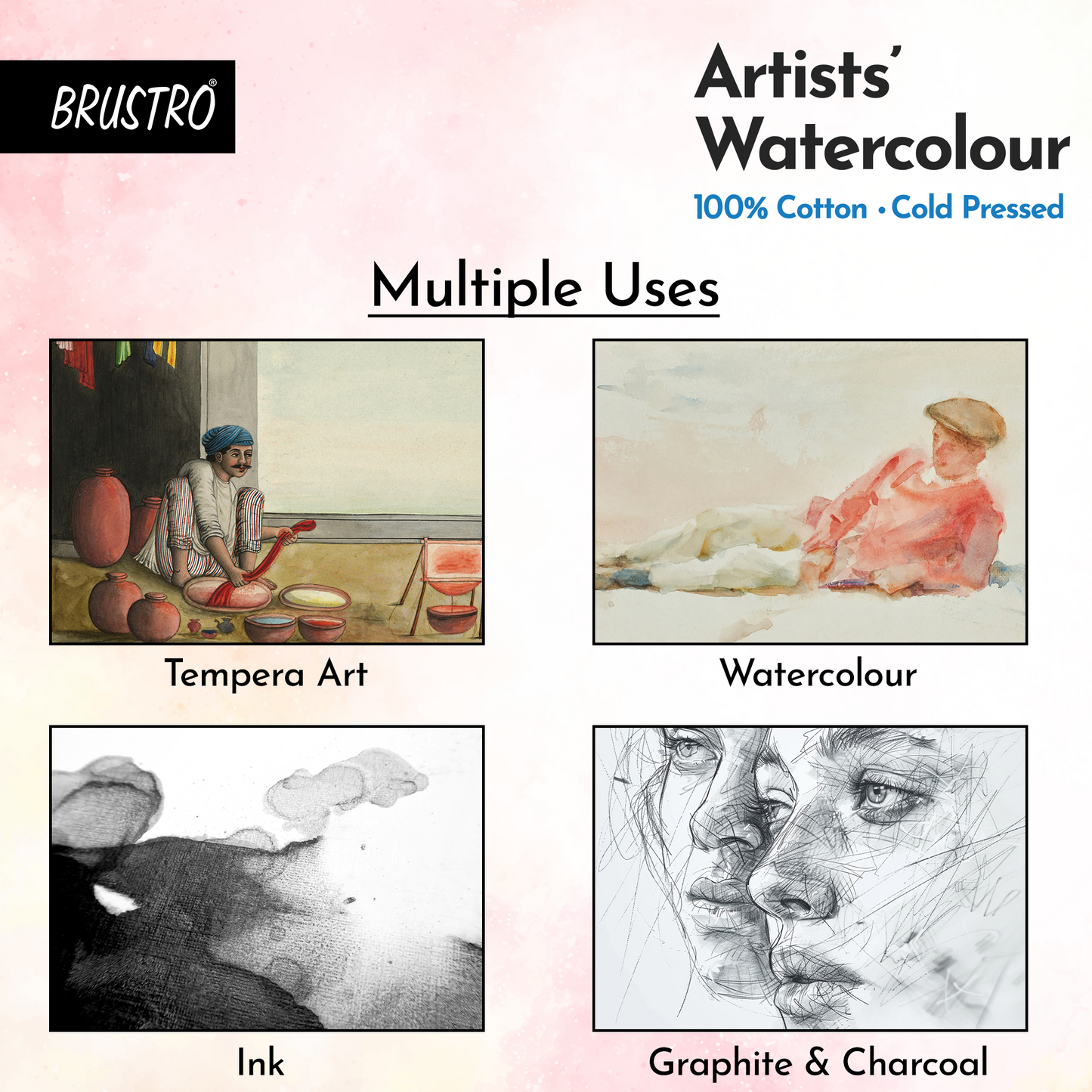 BRUSTRO Professional Artists Watercolor 48 Half Pan Set With 100% Cotton Watercolour Paper Pad, Cold Pressed, 300 GSM 12 Sheets, A4 (8.3x11.7 inches)