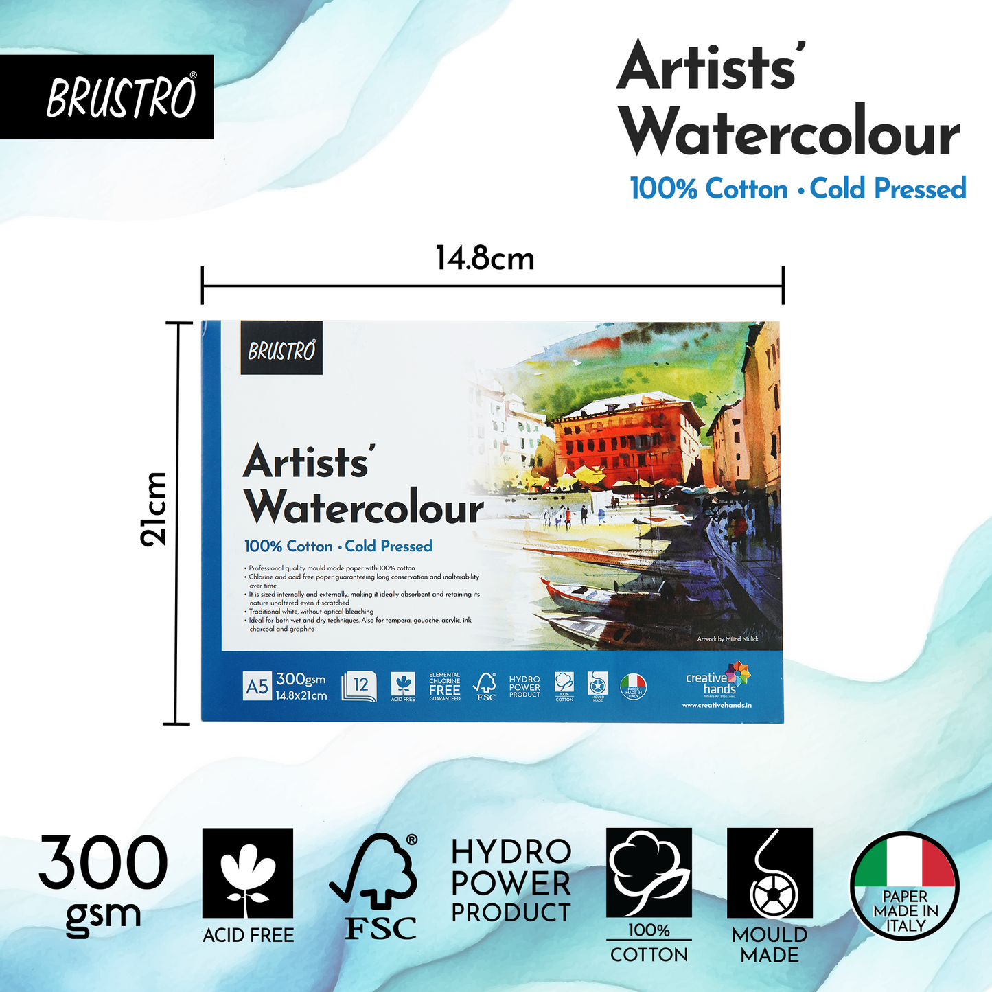 Brustro Artists' Watercolour 100% Cotton 300gsm Cold Pressed Pad, 12 Sheets, Size- A5