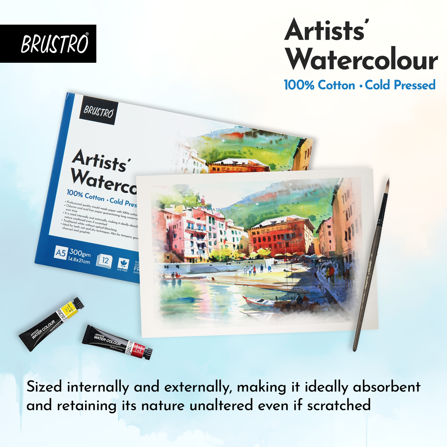 Brustro Artists' Watercolour 100% Cotton 300gsm Cold Pressed Pad, 12 Sheets, Size- A5