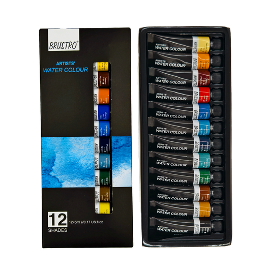 BRUSTRO Artist's Watercolour Paint | Set of 12 Colours X 5ML Tubes | Ideal for Landscape, Portrait, Paper, Painting, Artist, Professional watercolor, Transparent Colors, Painting Dry & Wet, Fine Art