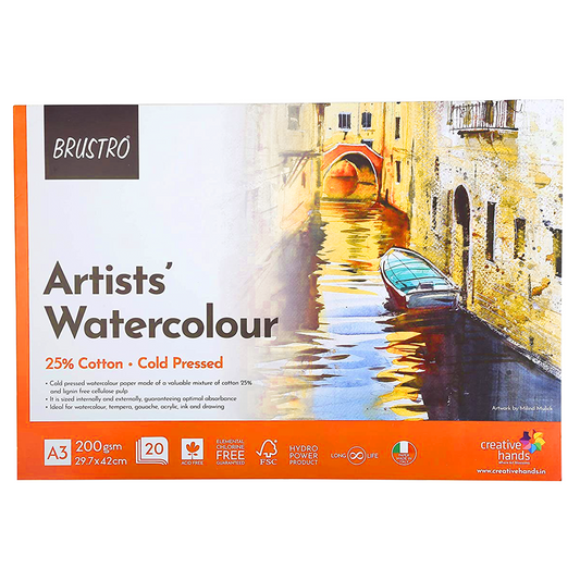 BRUSTRO Artist 25% Cotton Watercolour Glued Pad Cold Pressed 200 GSM A3-20 Sheets