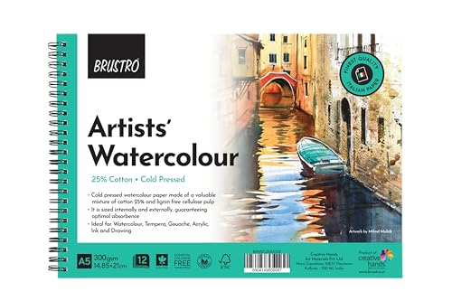 BRUSTRO Artists Watercolour Pad | 25% Cotton, 300 GSM, A5, Cold pressed, 12 Sheets, 24 Perforated Pages | Wiro Bound, Spiral, Ideal for Watercolors, Tempera, Gouache, Ink, Pastels.