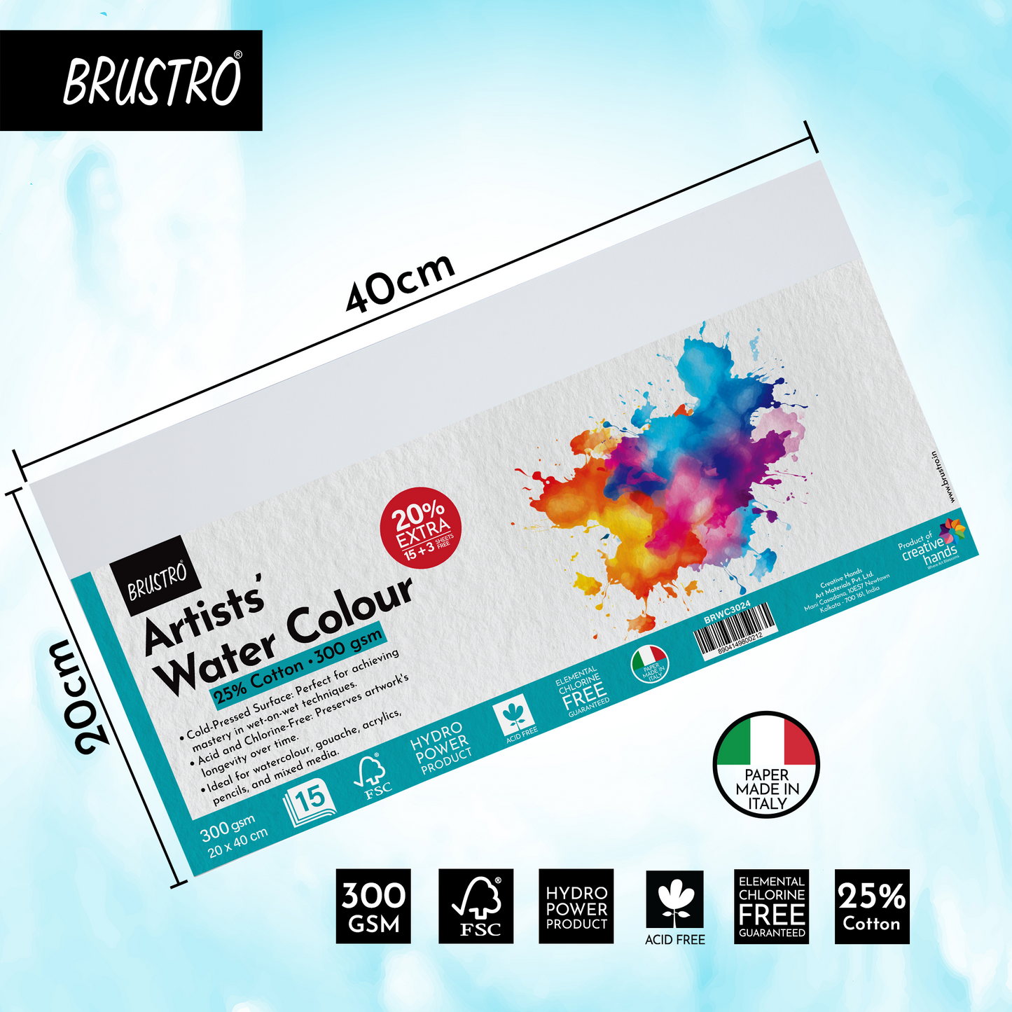 Brustro  Watercolour Paper  300 GSM 20cm x 40cm (Pack of 15 + 3 Free Sheets)