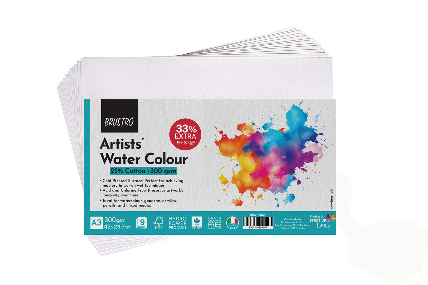 BRUSTRO Artists Watercolour Paper | 300 GSM, A3, 25% Cotton, Cold Pressed | Pack of 12 Sheets | Ideal for Artist, Professional Drawing, Painting Dry & Wet, Fine Art, School, Students, Watercolor