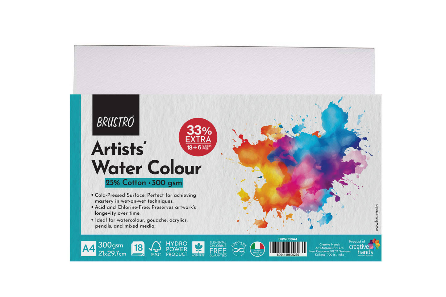 BRUSTRO Artist's Watercolour Paper | 300 GSM, A4, 25% Cotton, Cold Pressed | Pack of 18+6 Sheets | Ideal for Professional Painting, Dry & Wet, Acrylic, Gouache Fine Art Students