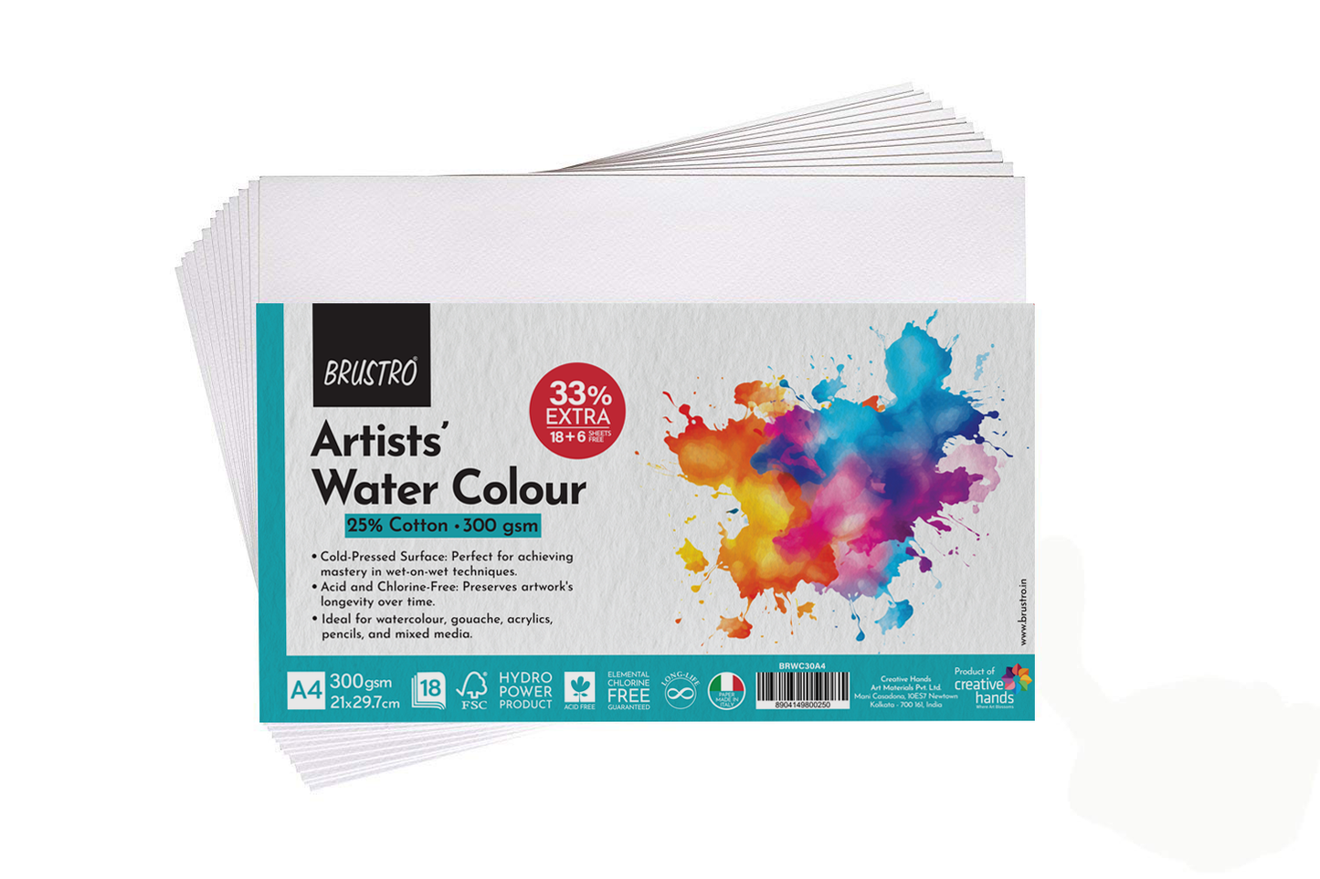 BRUSTRO Artist's Watercolour Paper | 300 GSM, A4, 25% Cotton, Cold Pressed | Pack of 18+6 Sheets | Ideal for Professional Painting, Dry & Wet, Acrylic, Gouache Fine Art Students