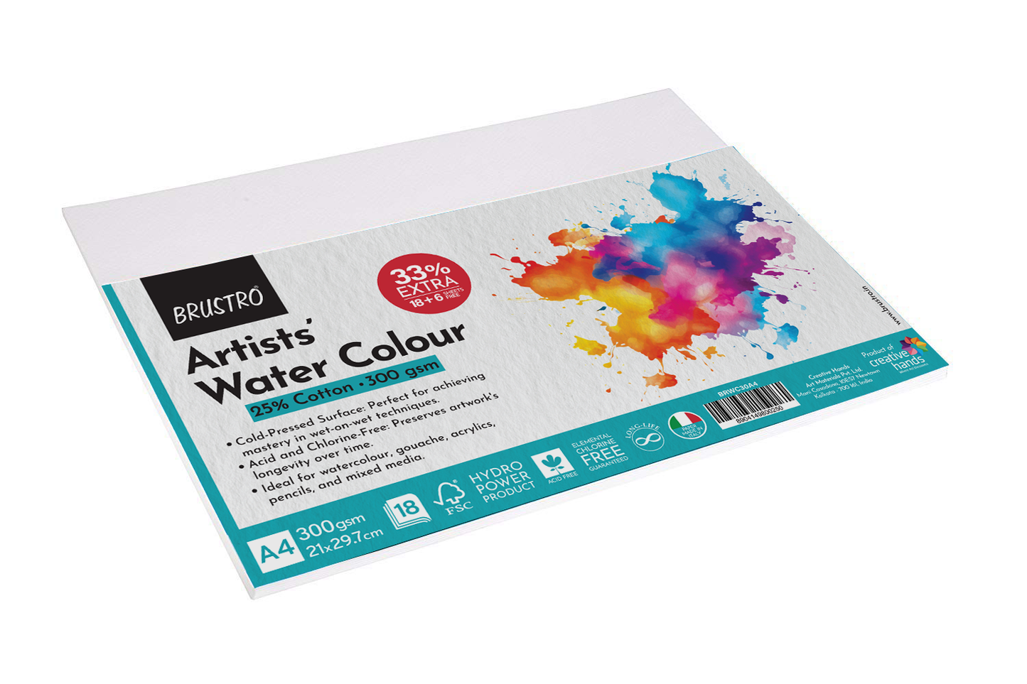 BRUSTRO Artist's Watercolour Paper | 300 GSM, A4, 25% Cotton, Cold Pressed | Pack of 18+6 Sheets | Ideal for Professional Painting, Dry & Wet, Acrylic, Gouache Fine Art Students