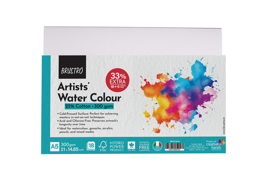 Brustro Artists' Watercolour Paper 300 GSM A5- 25% cotton CP 2 Packets (Each Packet Contains 18+6 free Sheets)