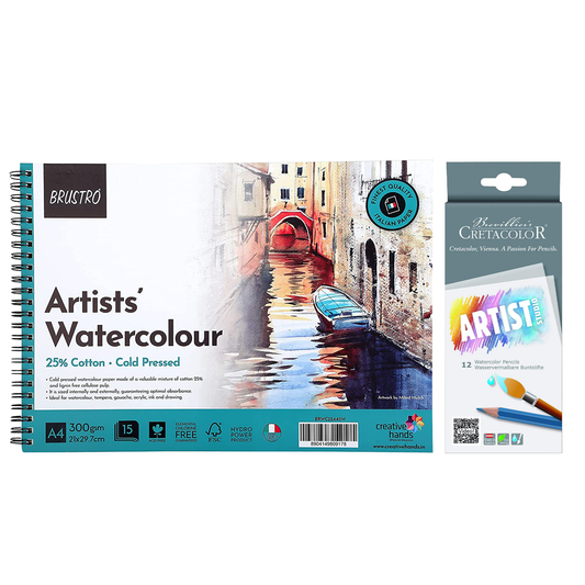 BRUSTRO Artist's Wiro Watercolour Paper Pad, 300 GSM, A4(8.3x11.7 In), 25% Cotton, Cold Pressed, 15 Sheets With Cretacolor Artists Studio Line Watercolor Pencil Set Of 12,Assorted|For Drawing,Painting
