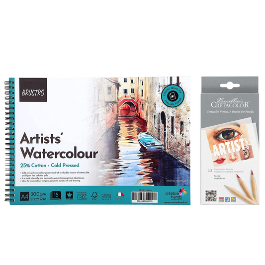 BRUSTRO Artist Wiro Watercolour Paper Pad, 300 GSM, A4(8.3x11.7 in),25% Cotton, Cold Pressed,15 Sheets With Cretacolor Artist Studio Watercolor Pencil, Skin Tones, Set of 12|Ideal for Drawing,Painting