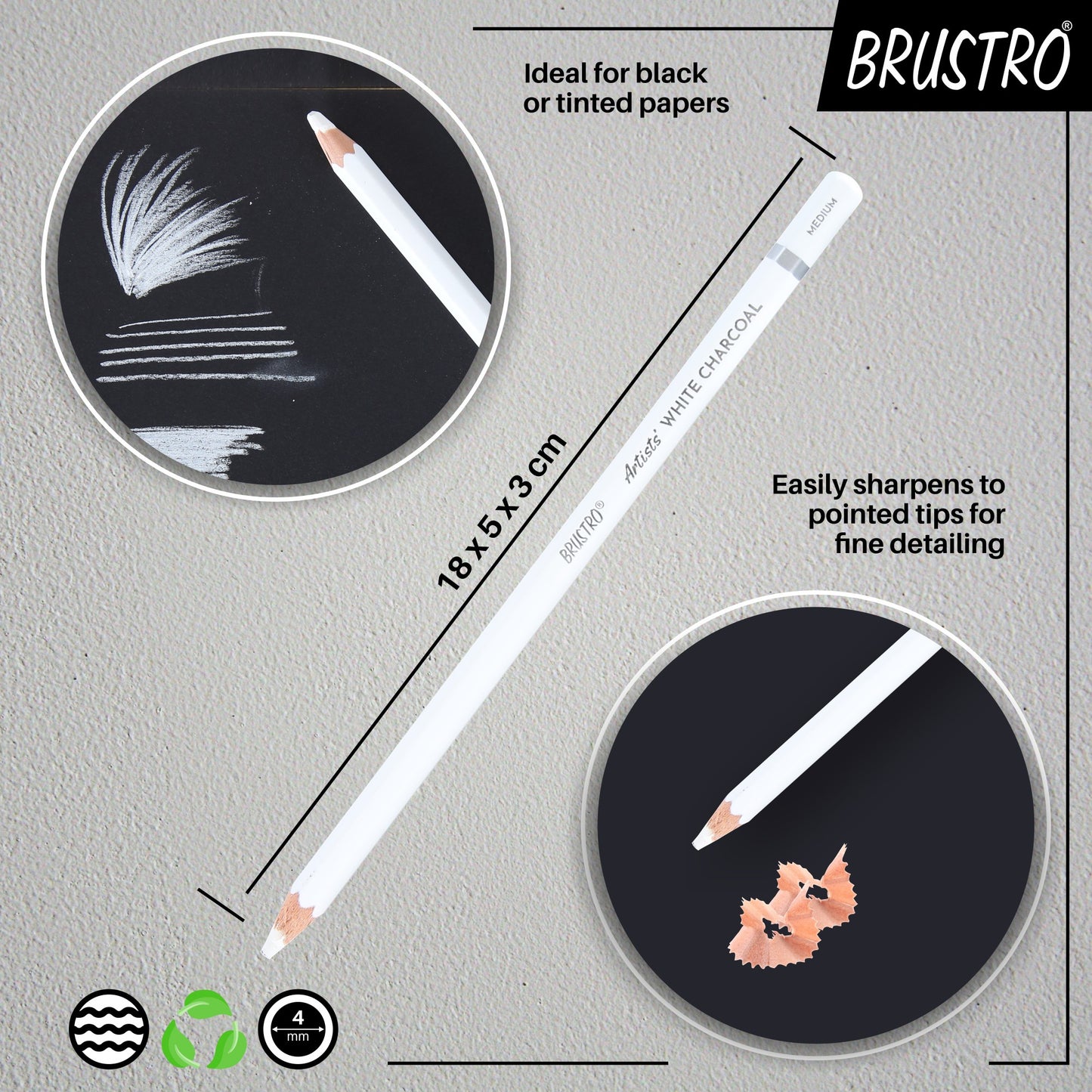 BRUSTRO Artists Coloured Pencils | Black & White | Set of 6 ( 3 Whites and 3 Blacks ) | Ideal for Students and Adults, Color, Sketching, Shading, Drawing, Blending, Mandala Art, School, Office Use