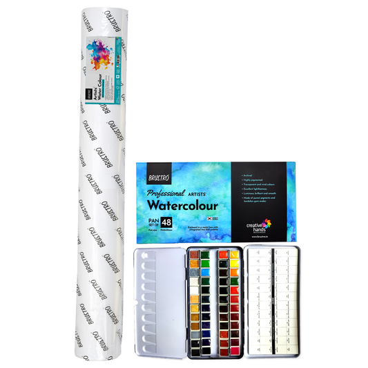 Brustro Artist Watercolour 25%Cotton Paper ROLL 300GSM Cold Pressed Size 60 inches x 10mtr With Artist Professional Watercolour Half Pan Set of 48.Ideal for Artist Drawing,Painting Dry & Wet.