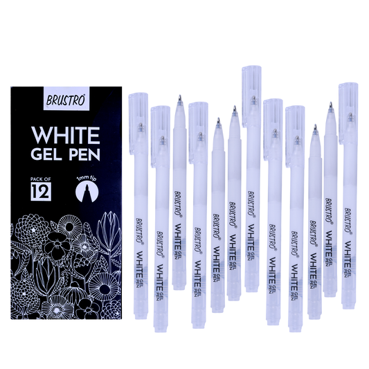 BRUSTRO White Gel Pen Pack of 12. (1MM tip) | Ideal for Students and Adults, Drawing, Mandala Arts, Students, Office Use, Writing, Pen Set