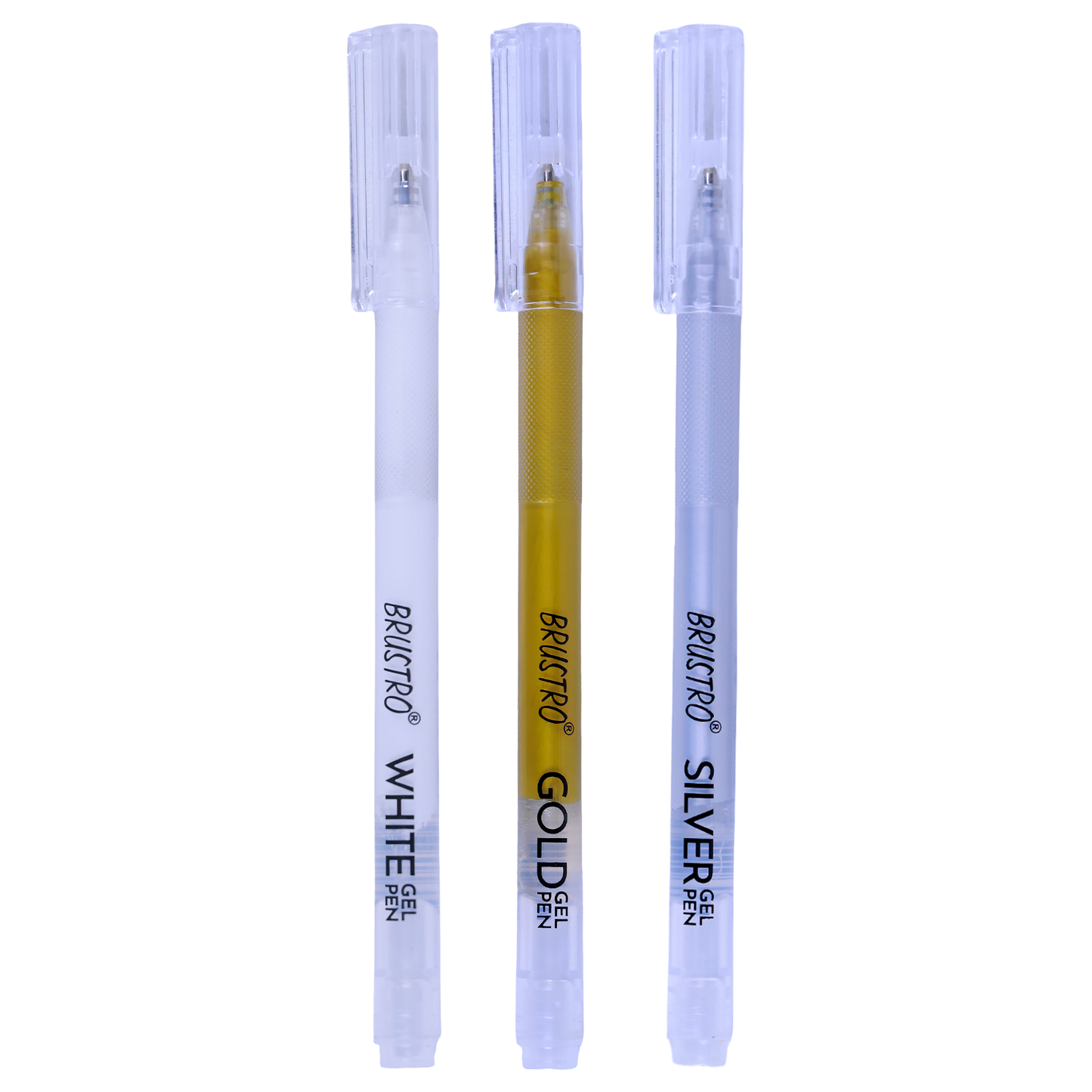 BRUSTRO Assorted Gel Pen (White , Gold and Silver)|1mm Metal Tip - Set of 3,Opaque and Viscous Ink|Ideal For Drawing,Writing,Highlighting,Doodling,Scrapbooking,Mandala Art,Illustration