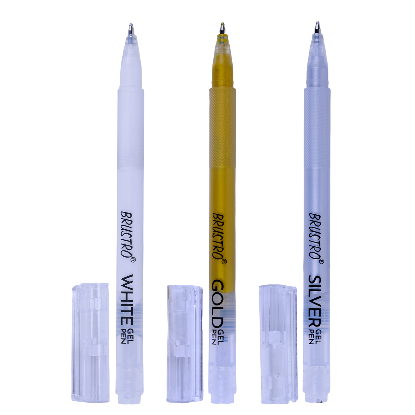 BRUSTRO Assorted Gel Pen (White , Gold and Silver)|1mm Metal Tip - Set of 3,Opaque and Viscous Ink|Ideal For Drawing,Writing,Highlighting,Doodling,Scrapbooking,Mandala Art,Illustration