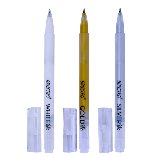 BRUSTRO Assorted Gel Pen (White , Gold and Silver)|1mm Metal Tip - Set of 3,Opaque and Viscous Ink|Ideal For Drawing,Writing,Highlighting,Doodling,Scrapbooking,Mandala Art,Illustration