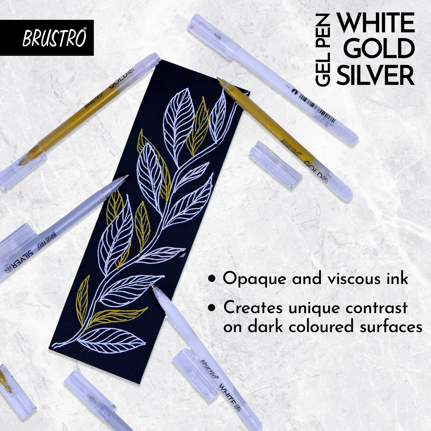 BRUSTRO Assorted Gel Pen (White , Gold and Silver)|1mm Metal Tip - Set of 3,Opaque and Viscous Ink|Ideal For Drawing,Writing,Highlighting,Doodling,Scrapbooking,Mandala Art,Illustration