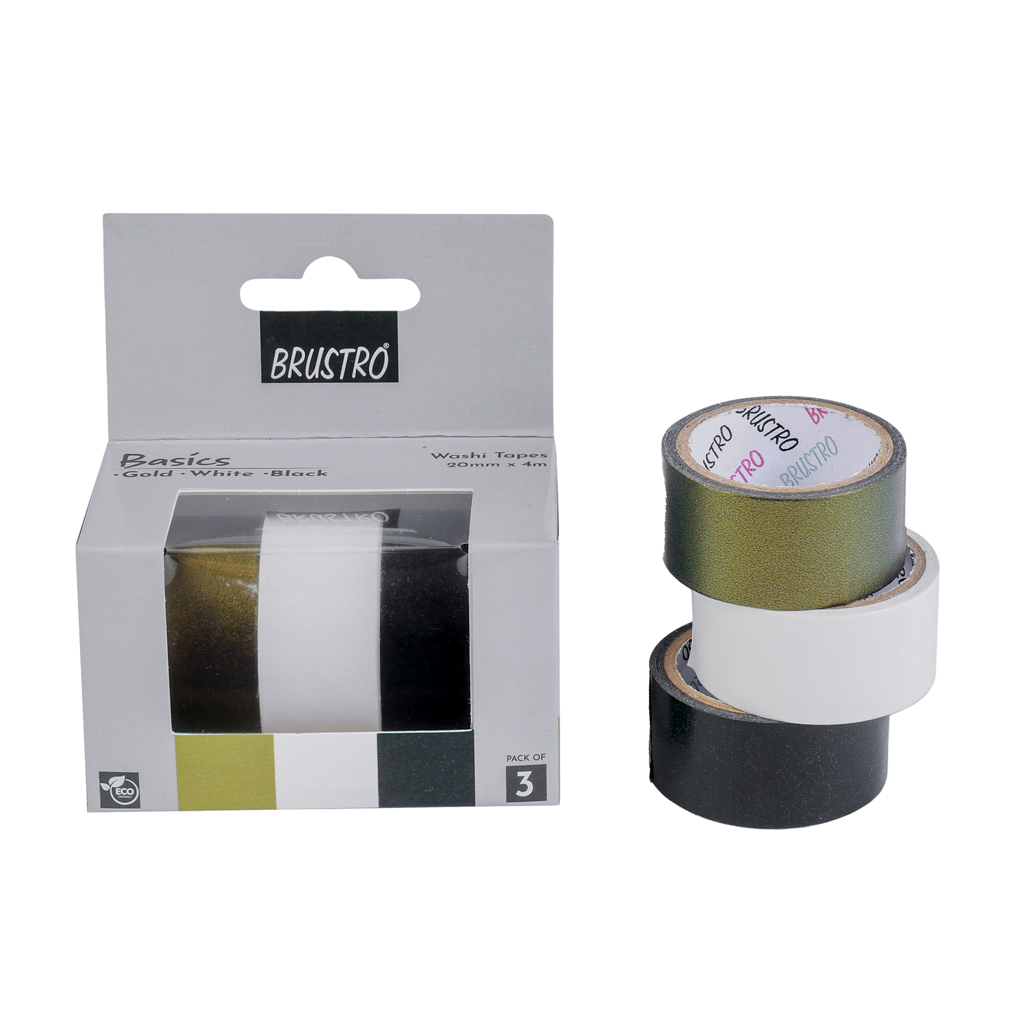 BRUSTRO Washi Masking Tapes Basics Shade - Pearl White, Pearl Black & Antique Gold, 20 mm x 4 meters (Set of 3)