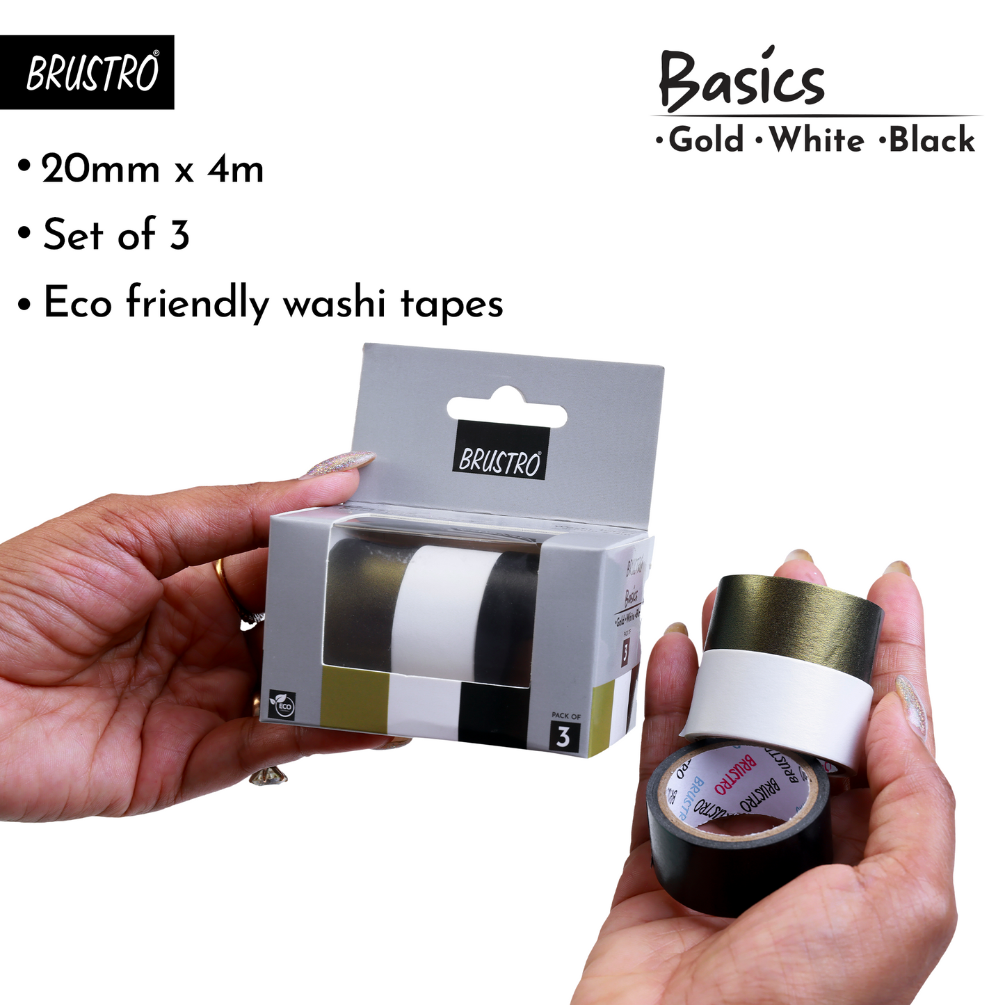 BRUSTRO Washi Masking Tapes Basics Shade - Pearl White, Pearl Black & Antique Gold, 20 mm x 4 meters (Set of 3)