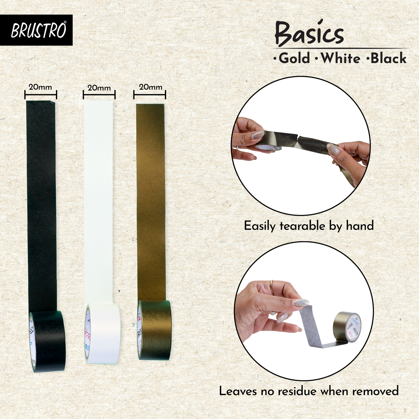 BRUSTRO Washi Masking Tapes Basics Shade - Pearl White, Pearl Black & Antique Gold, 20 mm x 4 meters (Set of 3)