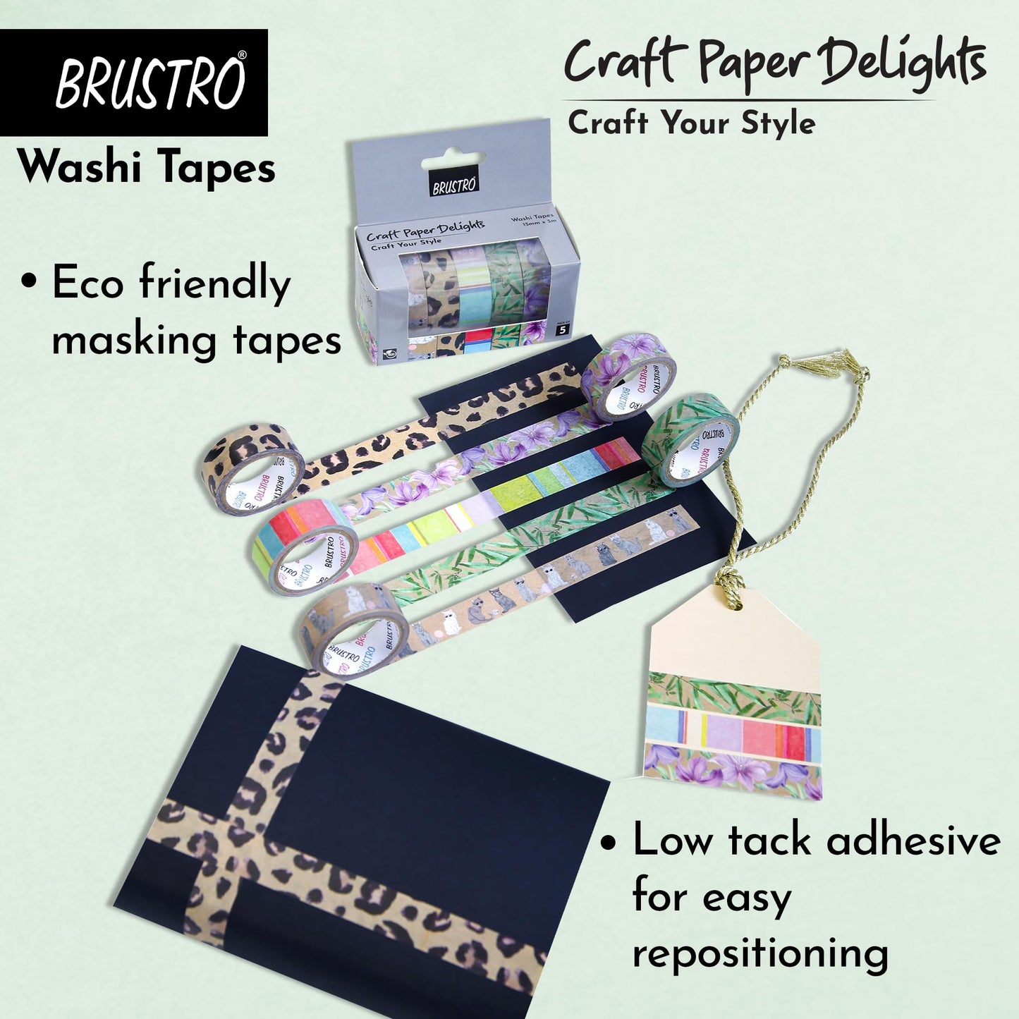 BRUSTRO Craft Paper Delights Washi Tapes (15mm x 5m), Pack of 5 | Low Tack Adhesive, Ideal for Scrapbooking, Planners, Card/Gift Wrapping, DIY, Home Decor, Art & Craft Supplies