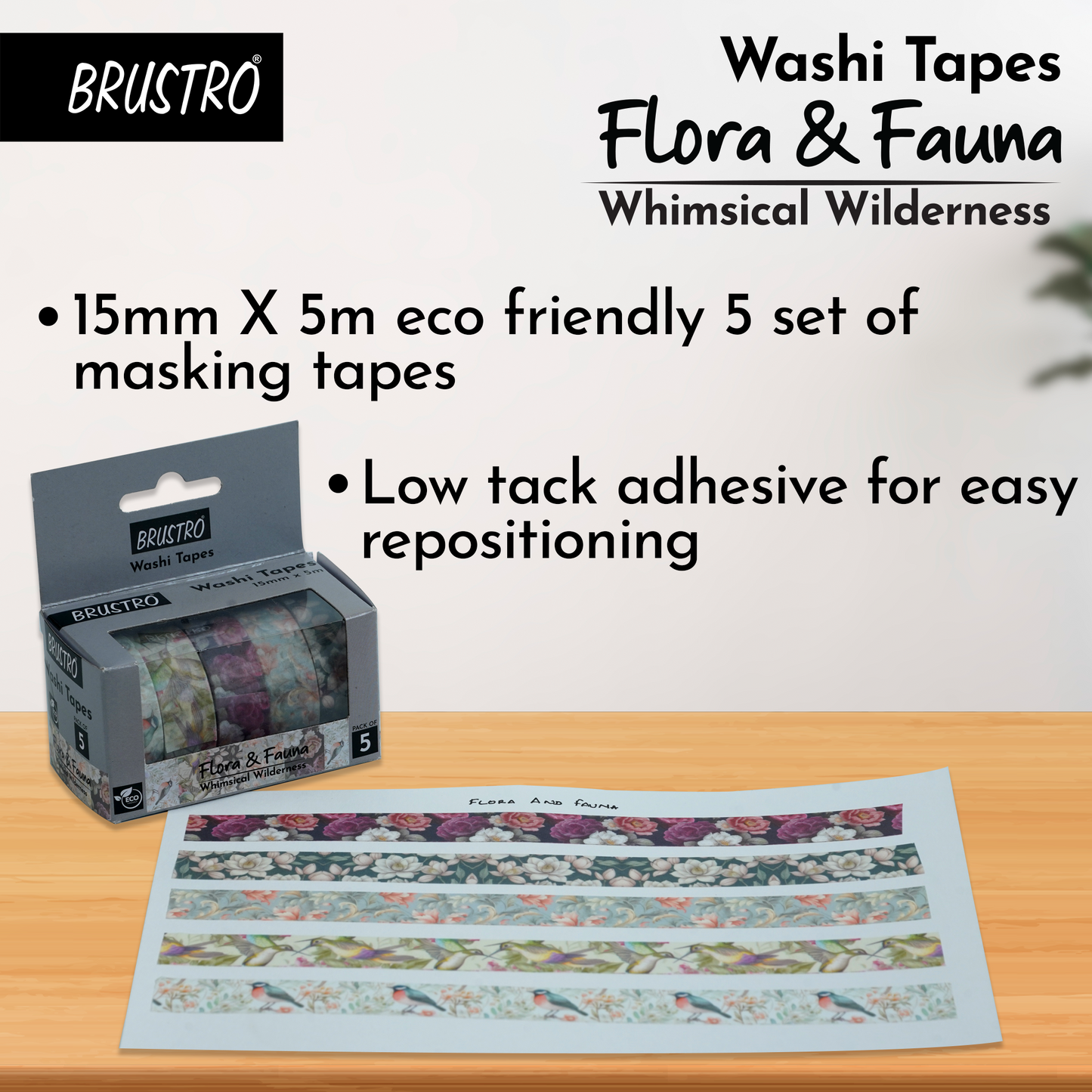 BRUSTRO Washi Tapes Flora and Fauna Shade, 15 mm x 5 mtrs (set of 5)
