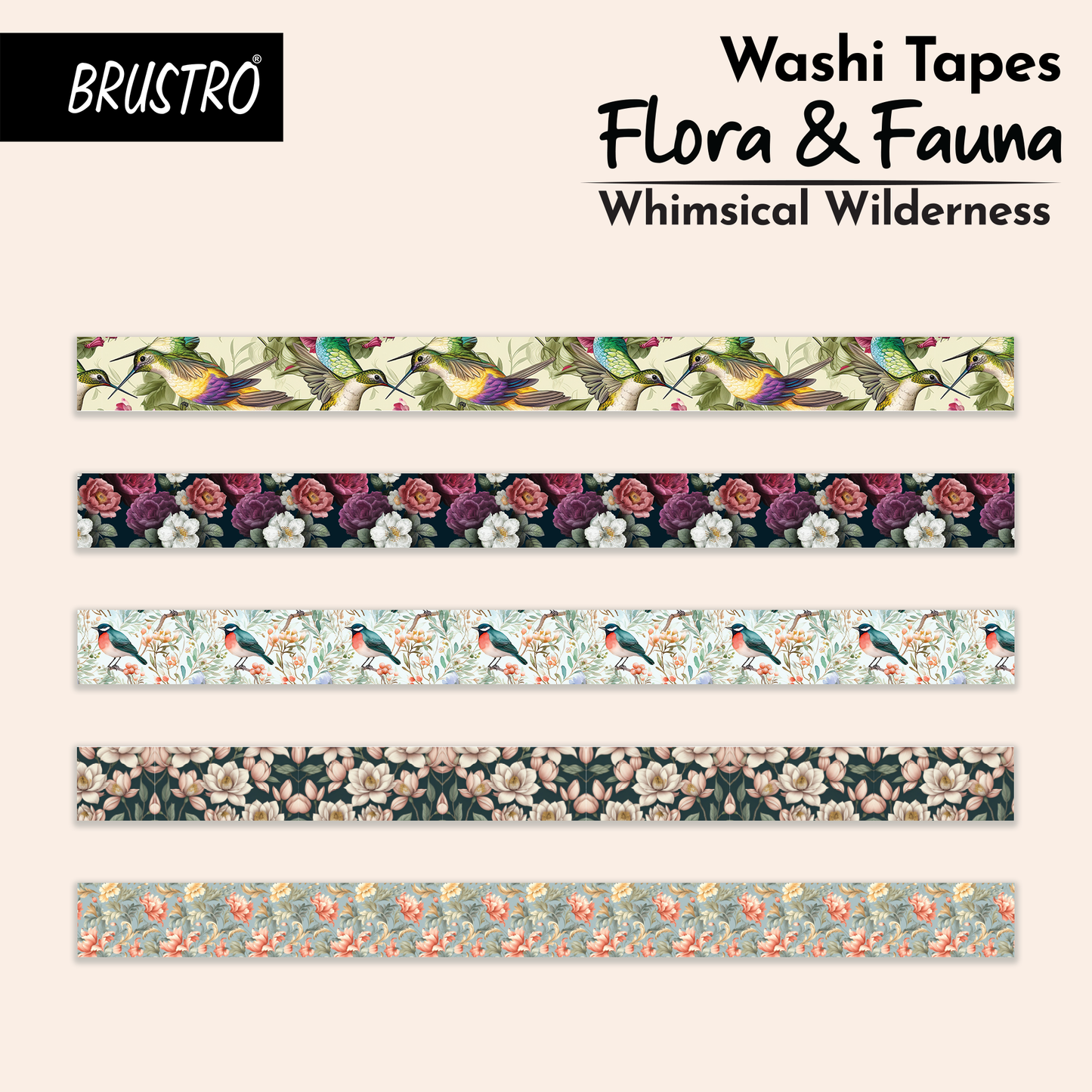 BRUSTRO Washi Tapes Flora and Fauna Shade, 15 mm x 5 mtrs (set of 5)