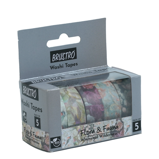 BRUSTRO Washi Masking Tapes |Flora and Fauna Shade|15 mm x 5 mtrs (Set of 5)| Low Tack Adhesive, Ideal For Scrapbooking, Planners, Card/Gift Wrapping, DIY Decor and Craft Supplies