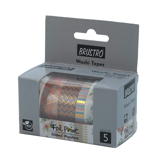 BRUSTRO Washi Tapes Foil Prints Glided Wonders Shade, Set of 5 (25 mm x 5m - 1 Tape, 15 mm x 5m - 3 Tapes, 7mm x 5m - 1 Tape)