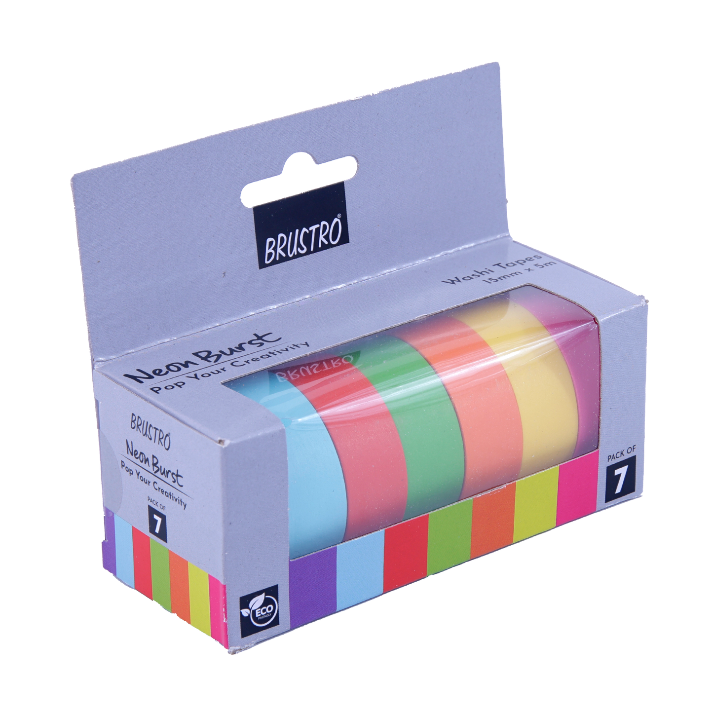 BRUSTRO Neon Burst Washi Tapes | Set of 7 | 15 mm x 5 mtrs | Low Tack Adhesive, Ideal for Scrapbooking, Planners, Card/Gift Wrapping, DIY, Home Decor, Art & Craft Supplies