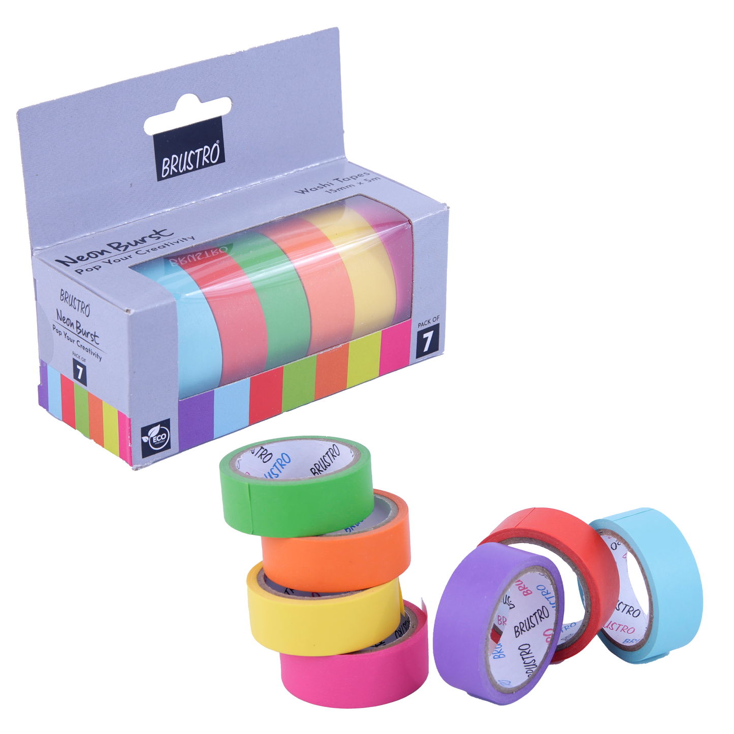 BRUSTRO Neon Burst Washi Tapes | Set of 7 | 15 mm x 5 mtrs | Low Tack Adhesive, Ideal for Scrapbooking, Planners, Card/Gift Wrapping, DIY, Home Decor, Art & Craft Supplies