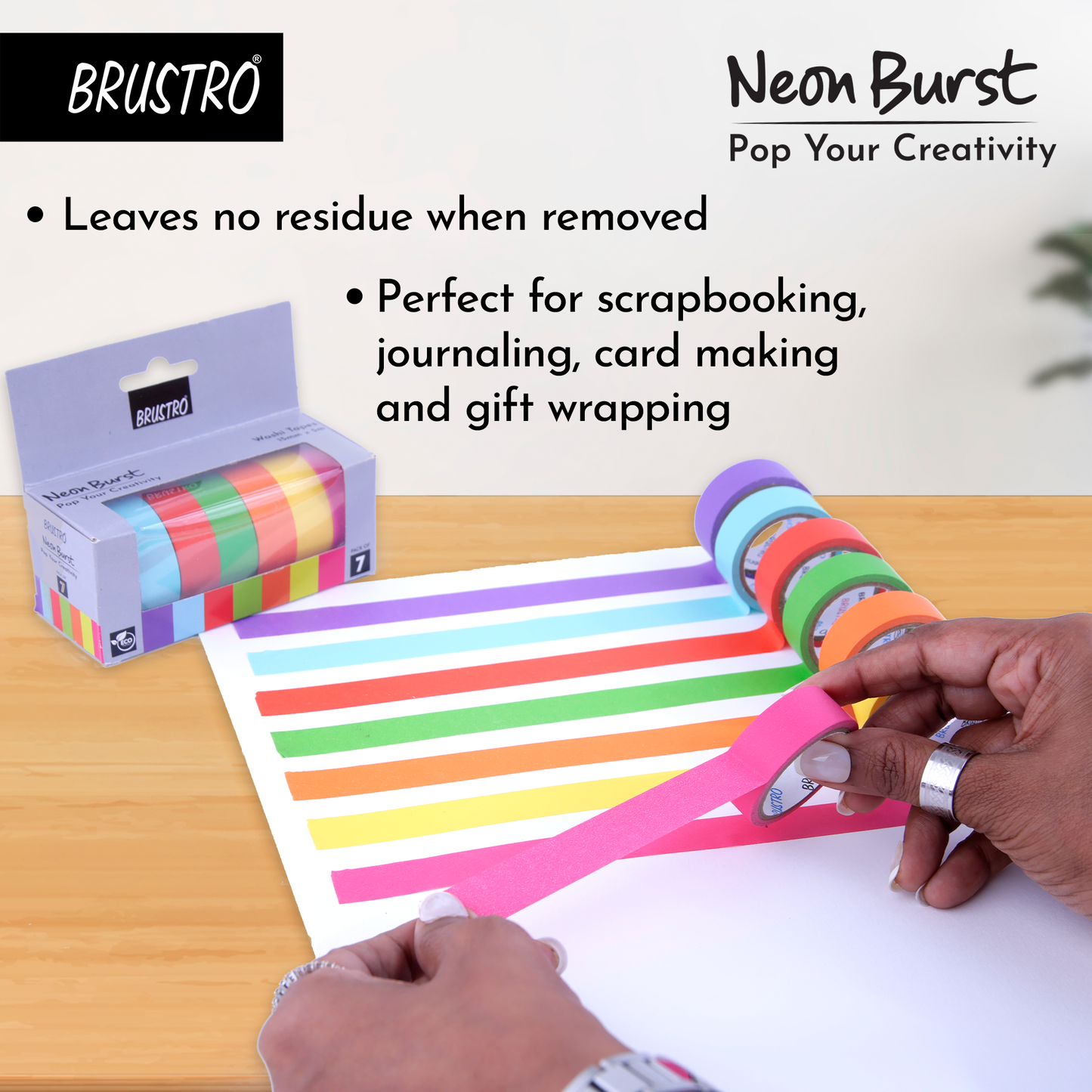 BRUSTRO Neon Burst Washi Tapes | Set of 7 | 15 mm x 5 mtrs | Low Tack Adhesive, Ideal for Scrapbooking, Planners, Card/Gift Wrapping, DIY, Home Decor, Art & Craft Supplies