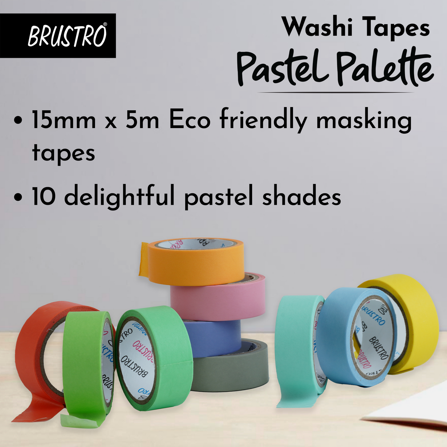 BRUSTRO Washi Masking Tapes Pastel Palette Solids Shade | 15mm X 5mtrs (Set of 10) | Eco friendly, Lightweight, Scrapbooking, Ideal for Card Making, Gift Wrapping, Home Decor, Crafting.