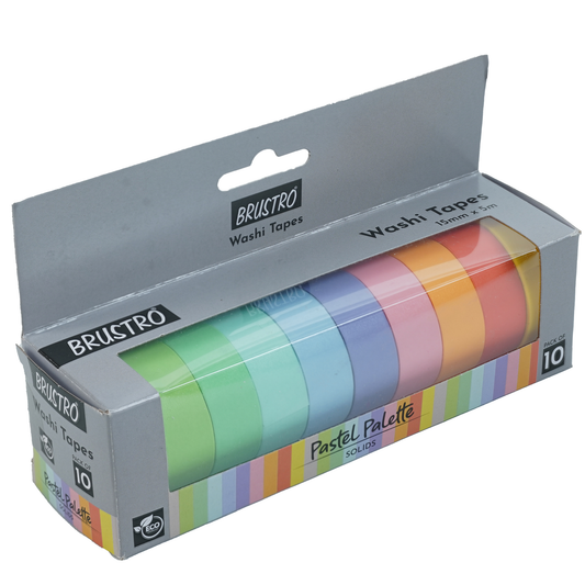 BRUSTRO Washi Masking Tapes Pastel Palette Solids Shade | 15mm X 5mtrs (Set of 10) | Eco friendly, Lightweight, Scrapbooking, Ideal for Card Making, Gift Wrapping, Home Decor, Crafting.