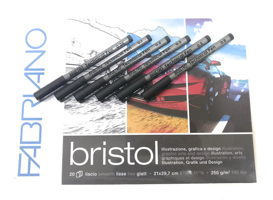 BRUSTRO Combo Technical Pen Black & Fabriano Bristol Glued Block A4 (Assorted) - Set of 6