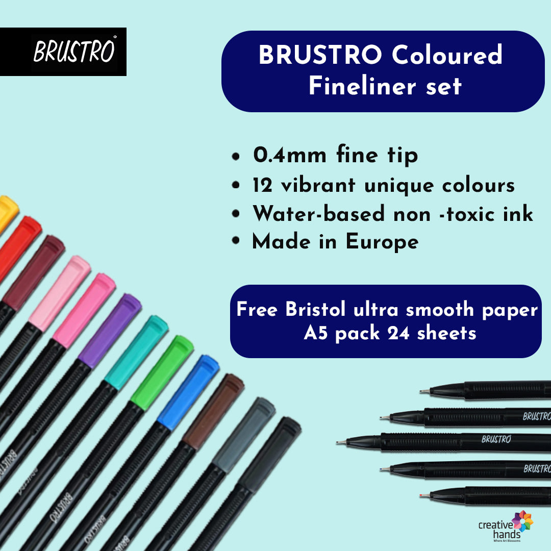 BRUSTRO Coloured Fineliner set of 12, 0.4mm. Ideal For writing, drawing, doodles, mandala etc.