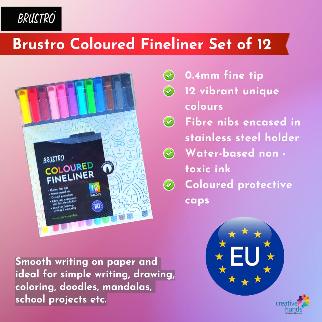 BRUSTRO Coloured Fineliner set of 12, 0.4mm. Ideal For writing, drawing, doodles, mandala etc.