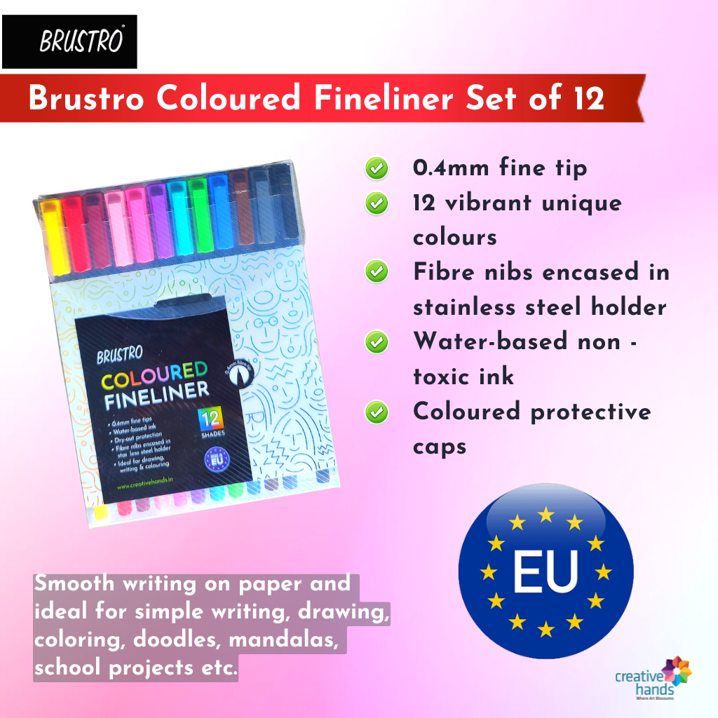 BRUSTRO Coloured Fineliner Set of 12 | Assorted Colours | 0.4mm | Ideal for Writing, Drawing, Coloring, Sketching, Doodles, Mandala Art