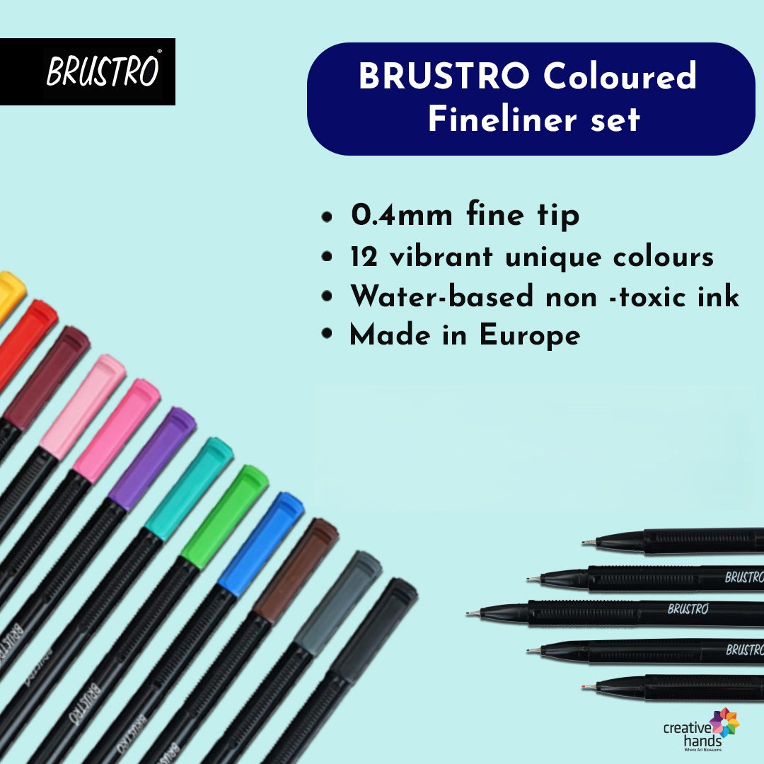 BRUSTRO Coloured Fineliner set of 12, 0.4mm. Ideal For writing, drawing, doodles, mandala etc.