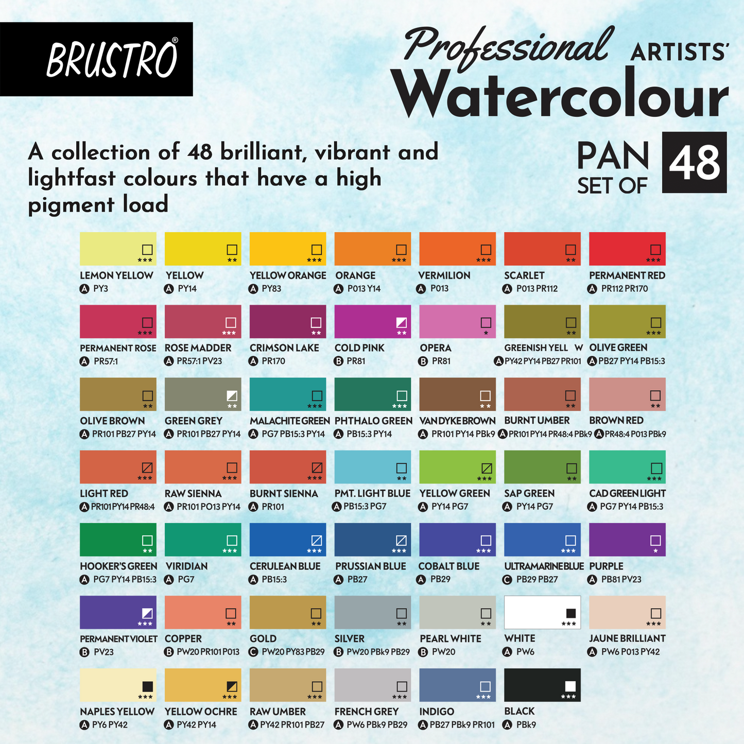 BRUSTRO Professional Artists Watercolor 48 Half Pan Set With 100% Cotton Watercolour Paper Pad, Cold Pressed, 300 GSM 12 Sheets, A4 (8.3x11.7 inches)