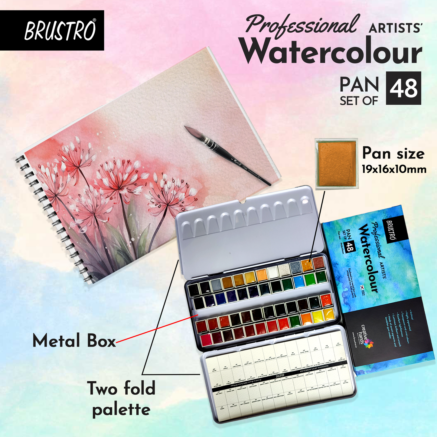 BRUSTRO Professional Artists Watercolor 48 Half Pan Set With 100% Cotton Watercolour Paper Pad, Cold Pressed, 300 GSM 12 Sheets, A4 (8.3x11.7 inches)