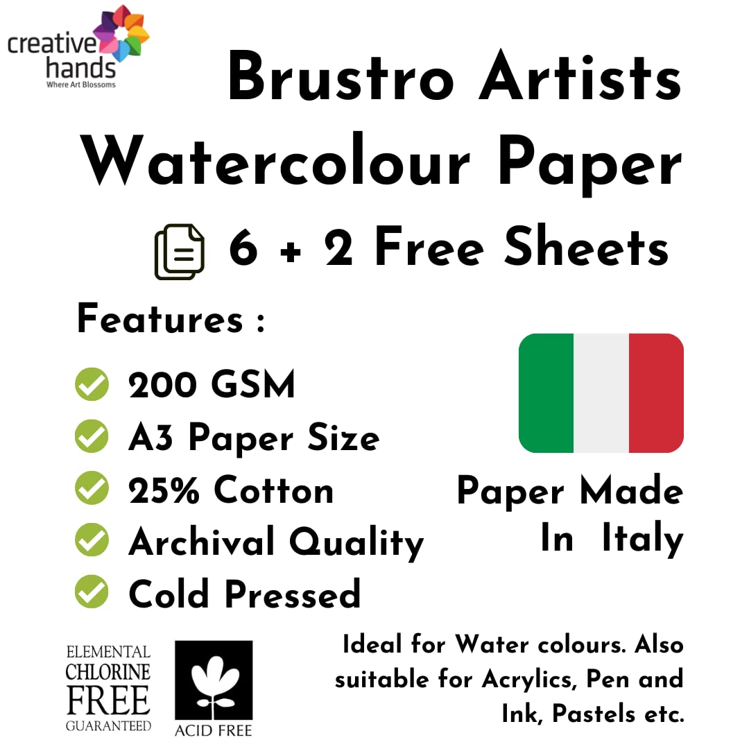 Brustro Artists Watercolour Paper, 200 GSM, A3-25% Cotton Cold Pressed, 6 + 2 Free Sheets