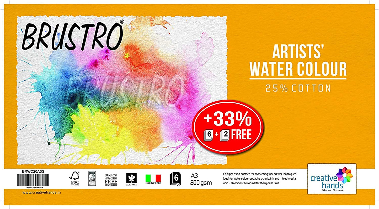 Brustro Artists Watercolour Paper, 200 GSM, A3-25% Cotton Cold Pressed, 6 + 2 Free Sheets